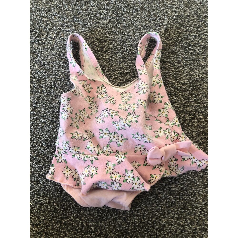 Vintage Baby Girl Swimsuit 18 Month Pink Ruffle Sweet Floral Skirt Bow. B1